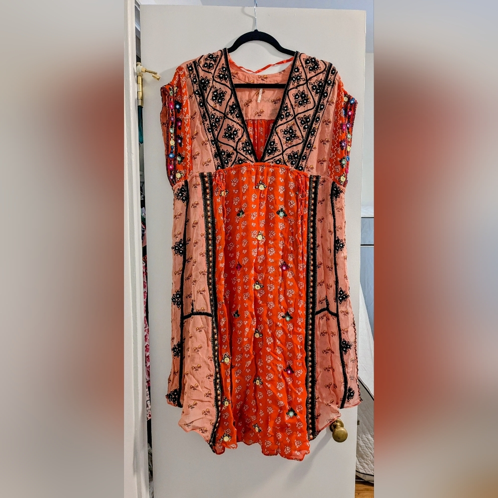 Free People Embroidered Orange Coverup/ Dress Size XS